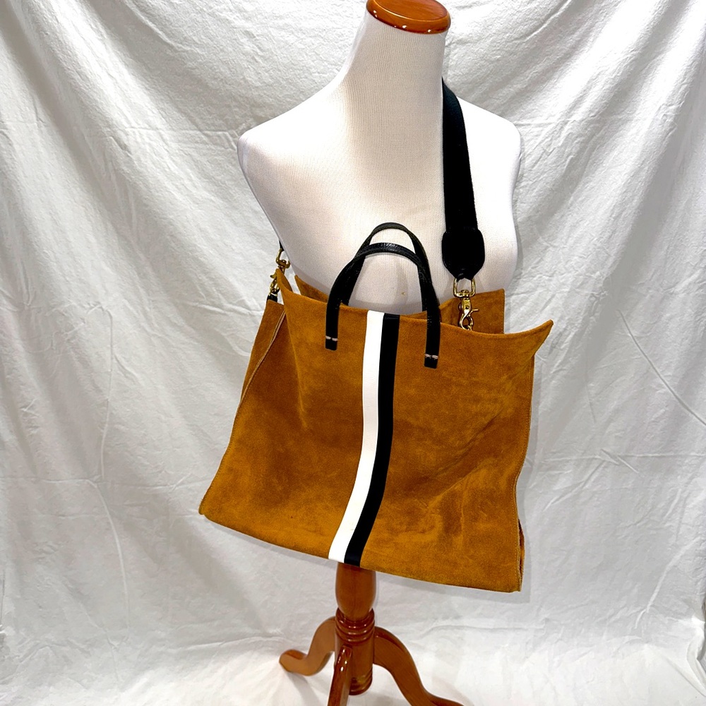 Clare V. Simple Tote - Camel Suede w/ Black & White Stripe + Shoulder Strap